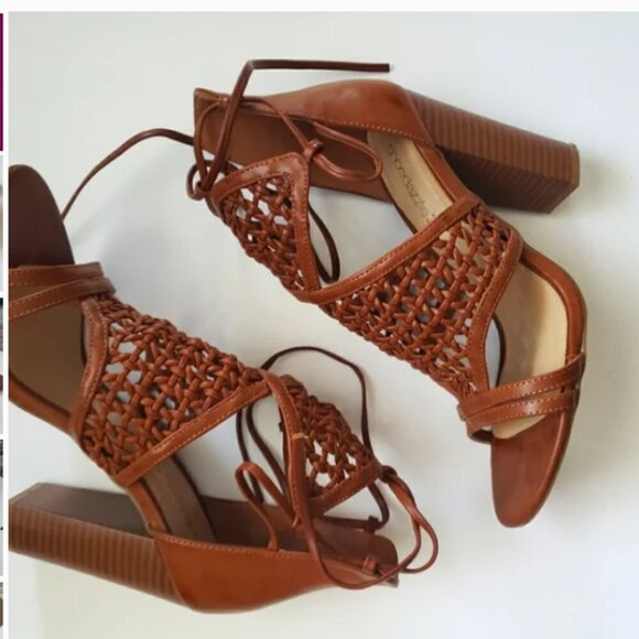 Shoedazzle  Kelly Block Heel Shoes Sandals 9.5  cognac Wrap Tie Sandal - Picture 5 of 6